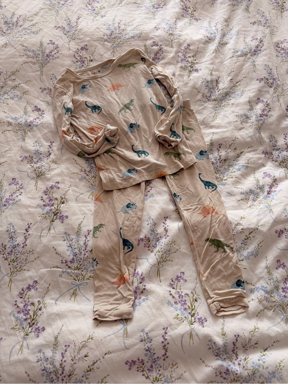 Kyte BABY Beige Dinosaur Pajama Set with Blue, Green, Orange Prints